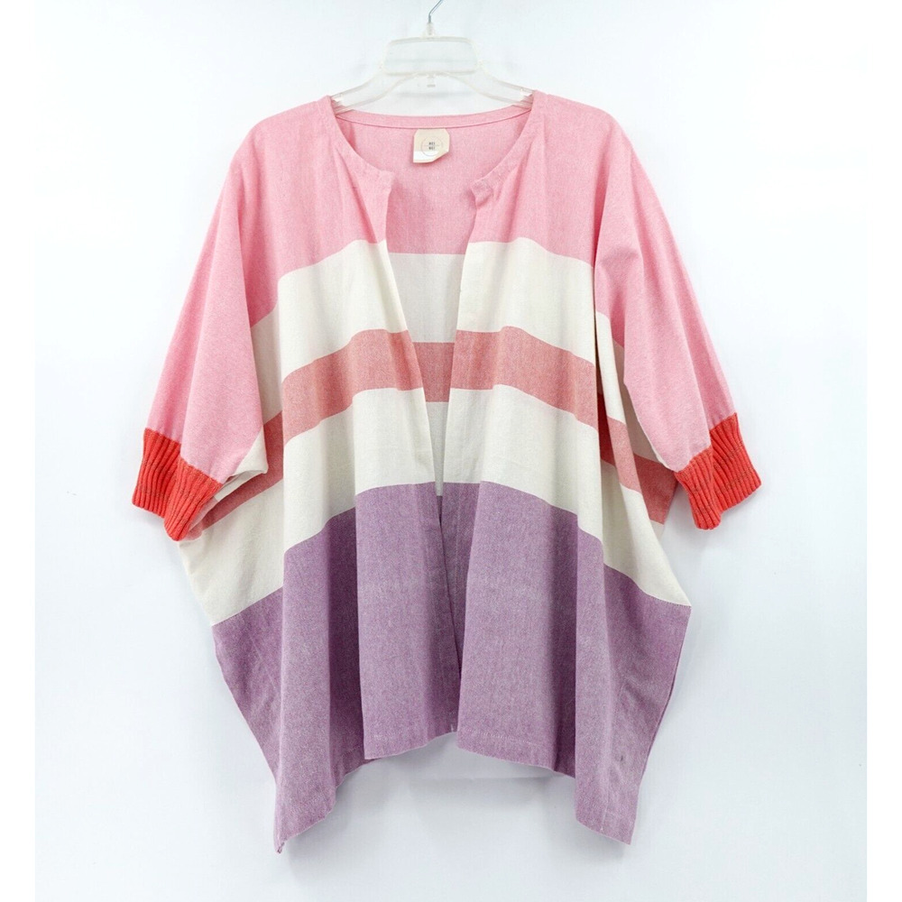 Women Open Front Cardigan Topper OS Pink Striped‎ Oversized Resort Vacation